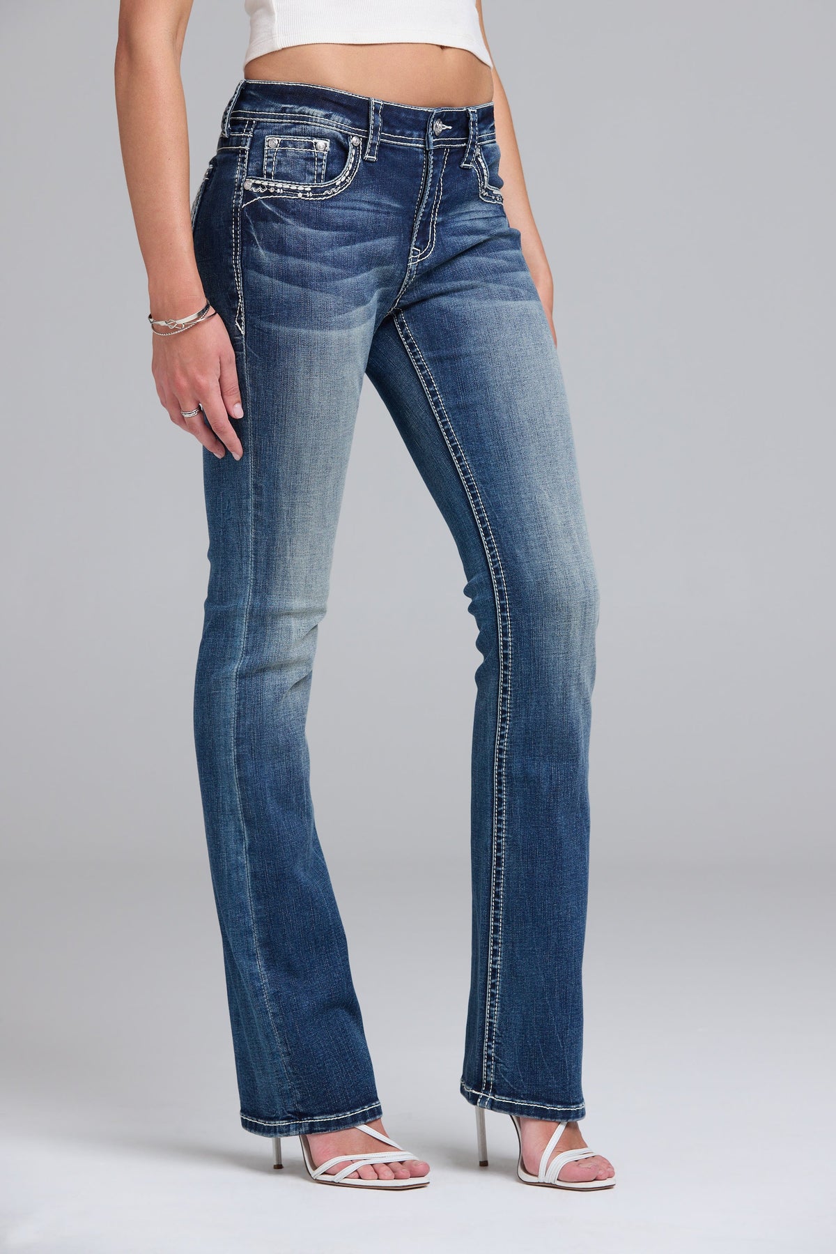 Product view 4 of blue bootcut jeans with wing embroidery