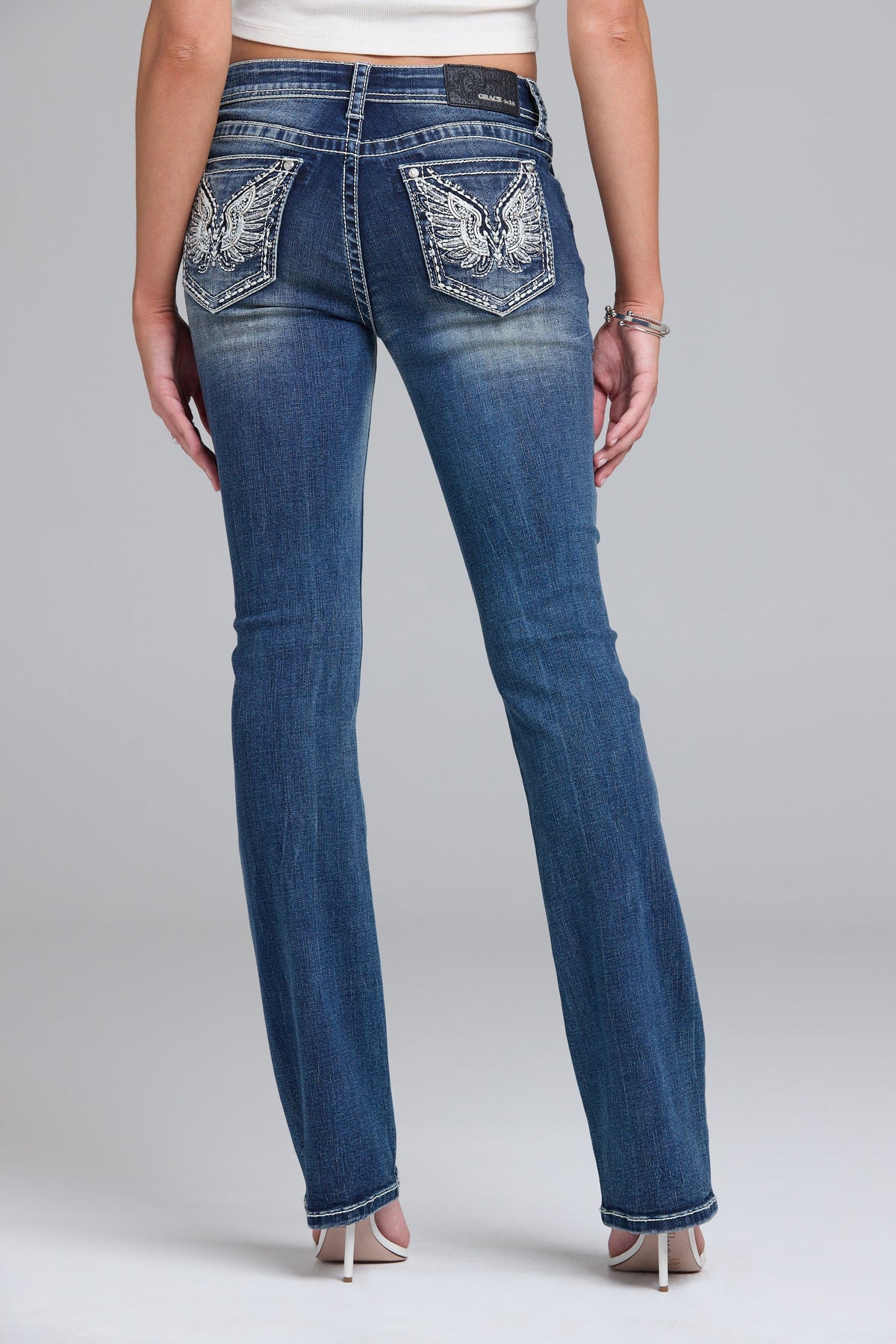 Wing Embroidery Bootcut Jeans