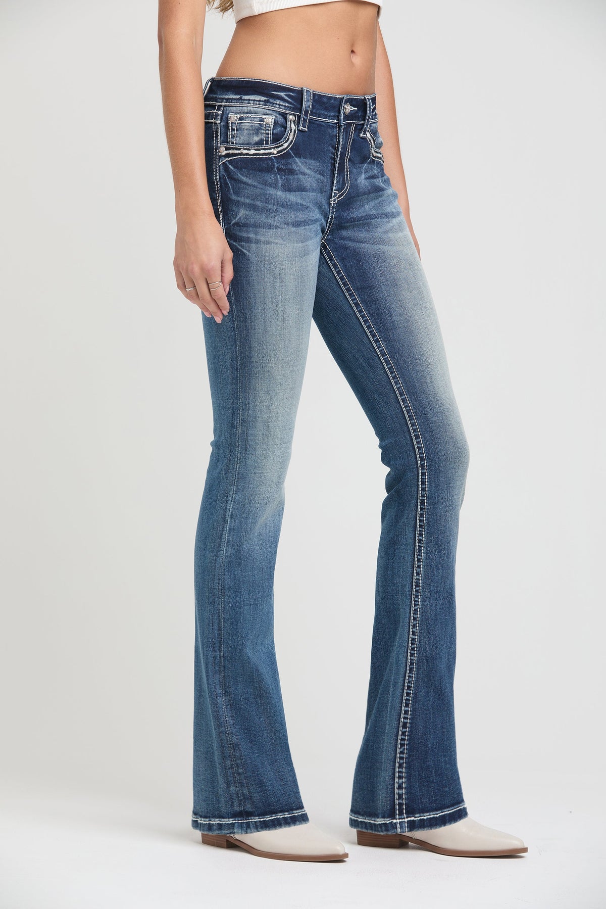 Product view 4 of blue bootcut jeans with wing motif