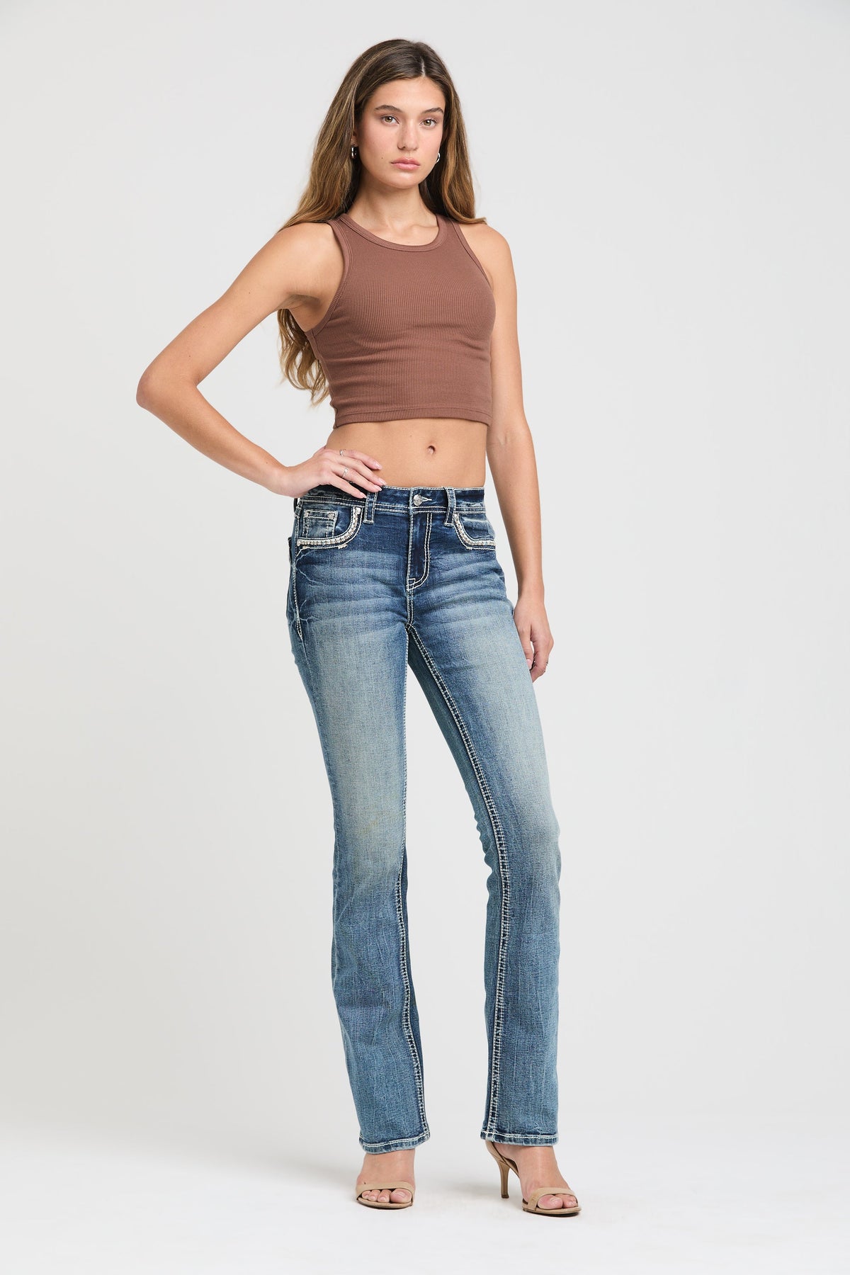 Product view 4 of blue bootcut jeans with cross detail