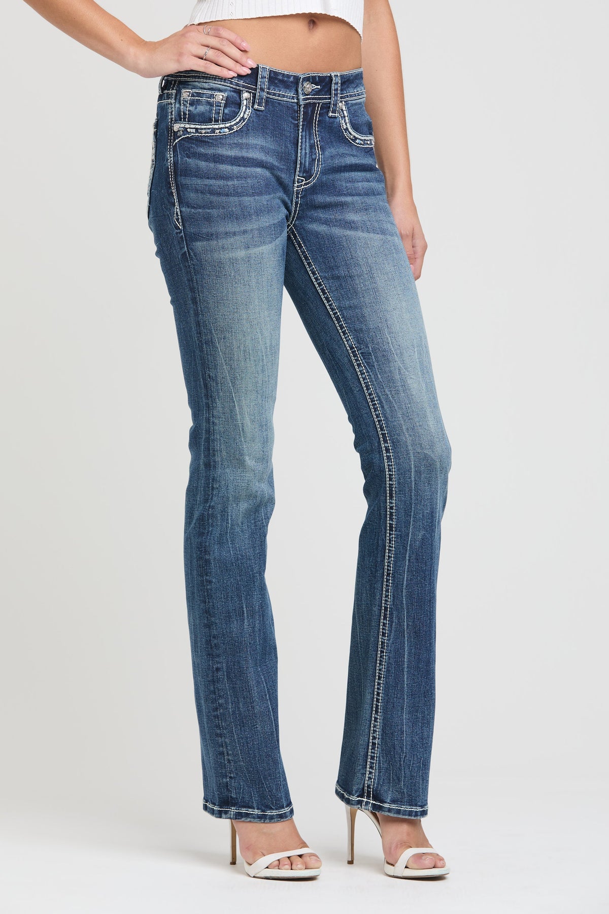 Product view 4 of blue bootcut jeans with feather embroidery