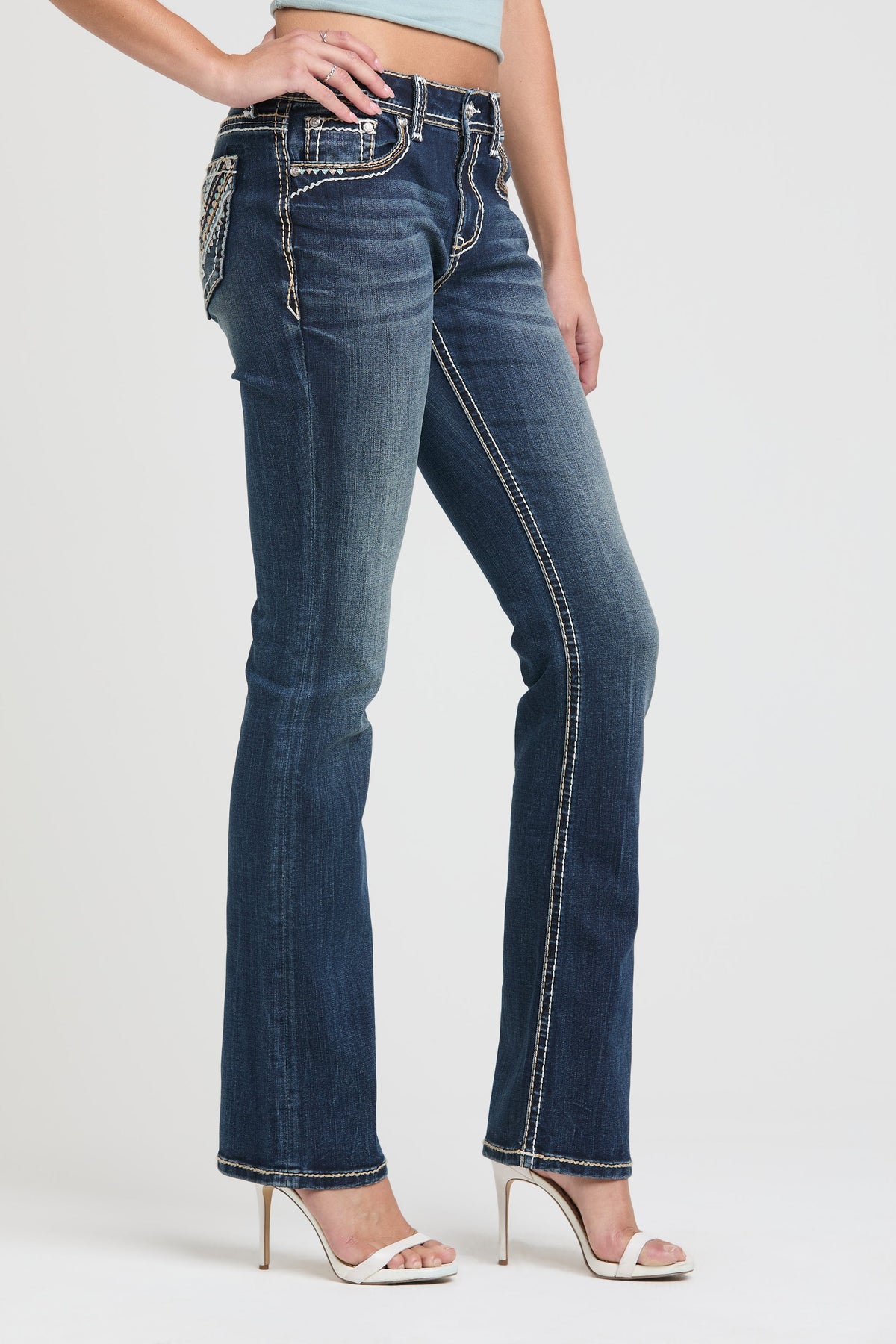 Chevron Motif Embroidery  Bootcut Jeans