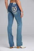 Product view 1 of blue bootcut jeans with horse shoe florals