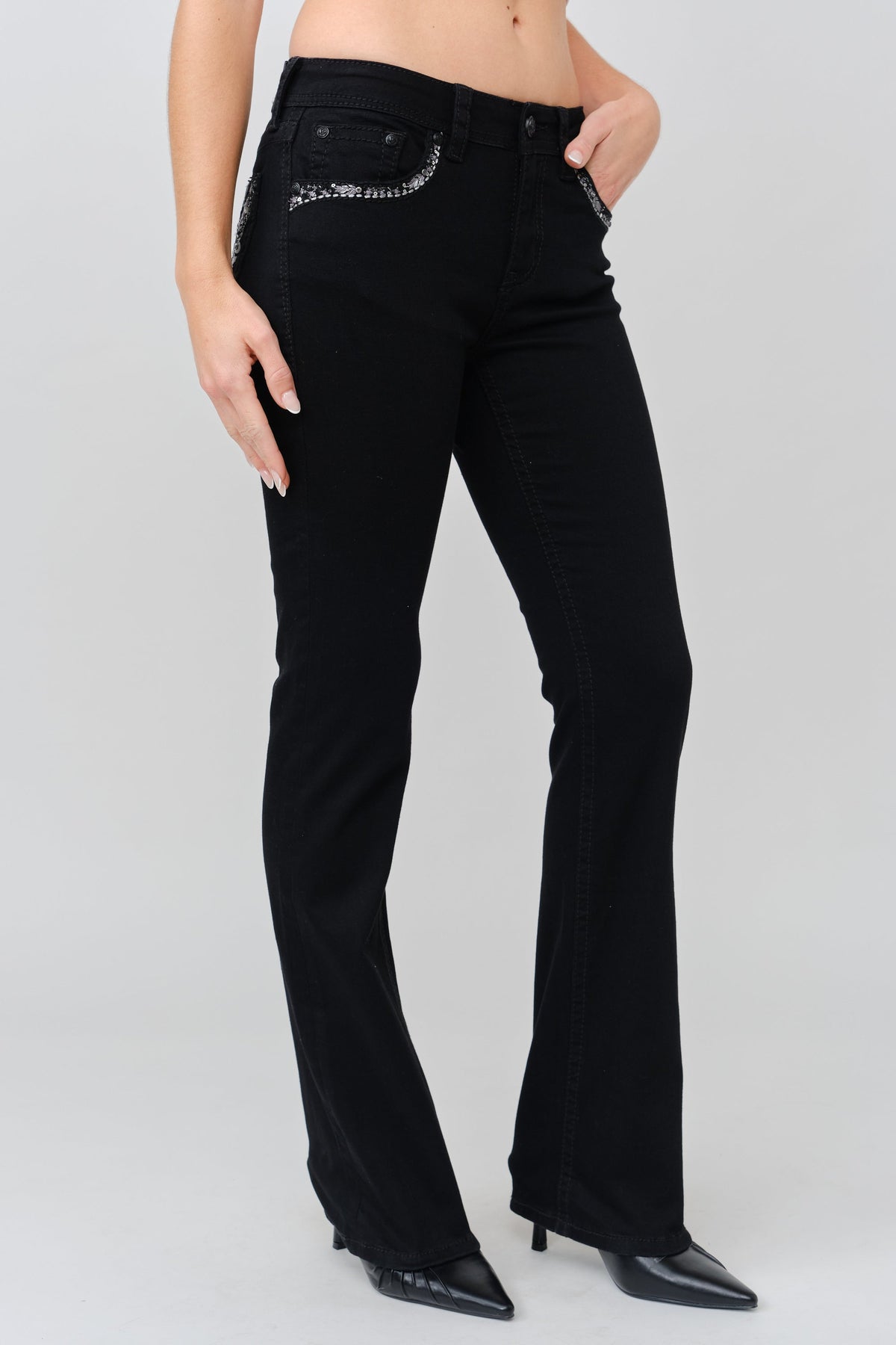 Product view 3 of black bootcut jeans with baroque detail