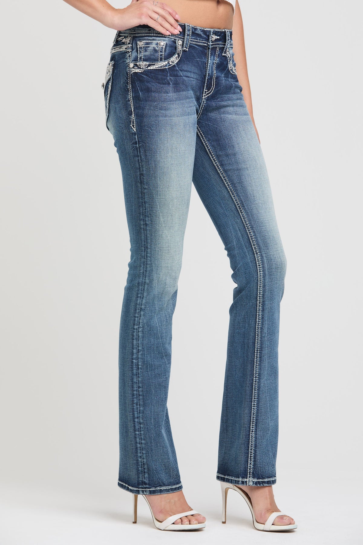 Product view 3 of blue bootcut jeans with aztec yoke
