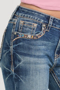 Product view 3 of blue bootcut jeans with horse floral stitching