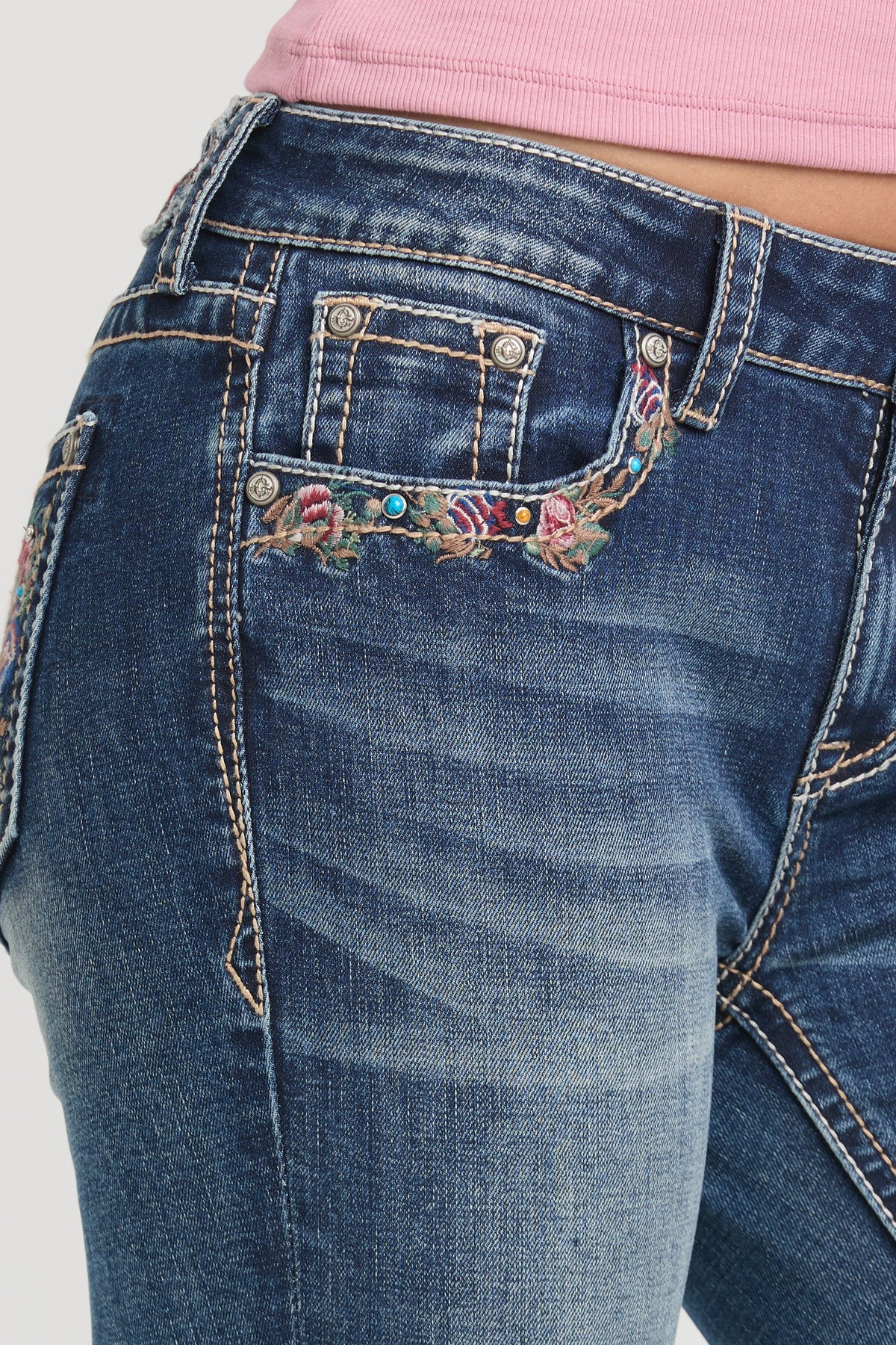 Product view 3 of blue bootcut jeans with butterfly florals