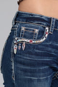Product view 3 of blue bootcut jeans with steer embroidery