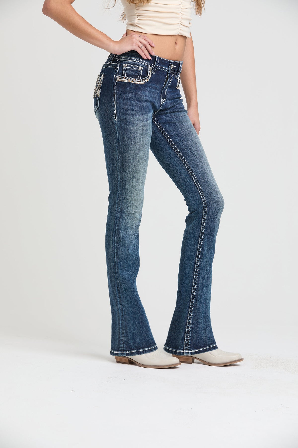 Aztec Embroidery Mid Rise Bootcut Jeans