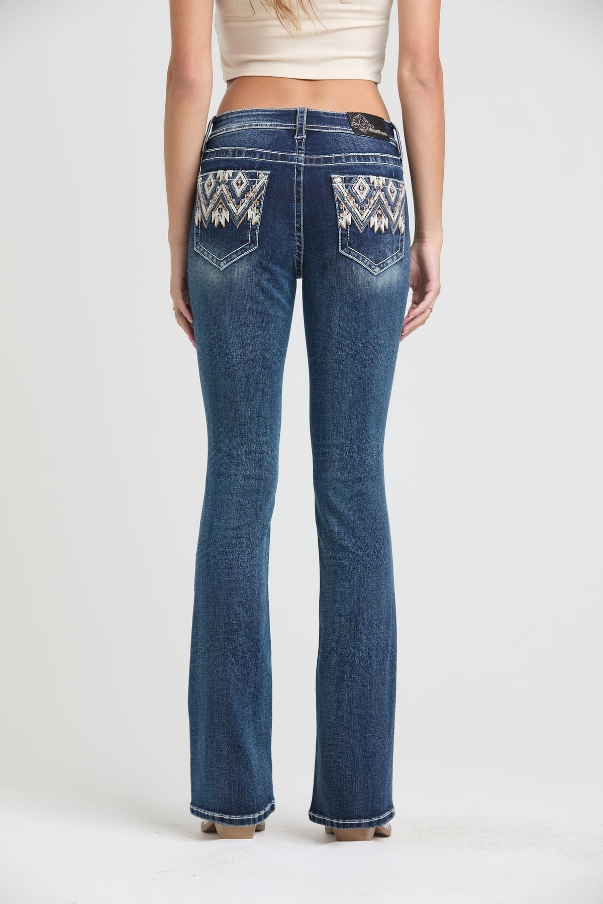 Aztec Embroidery Mid Rise Bootcut Jeans