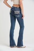 Product view 1 of blue bootcut jeans with aztec embroidery