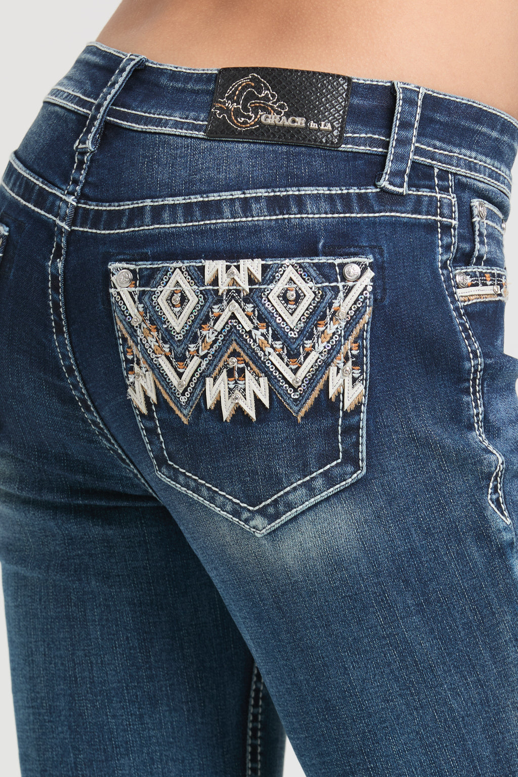 Product view 2 of blue bootcut jeans with aztec embroidery