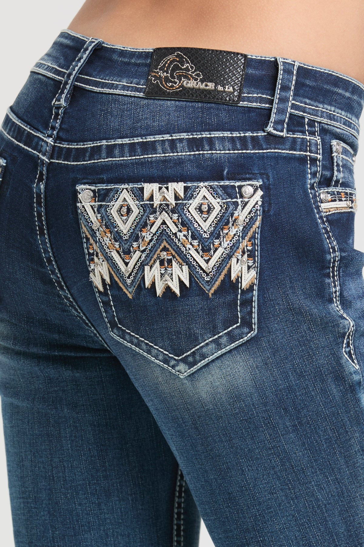 Product view 2 of blue bootcut jeans with aztec embroidery