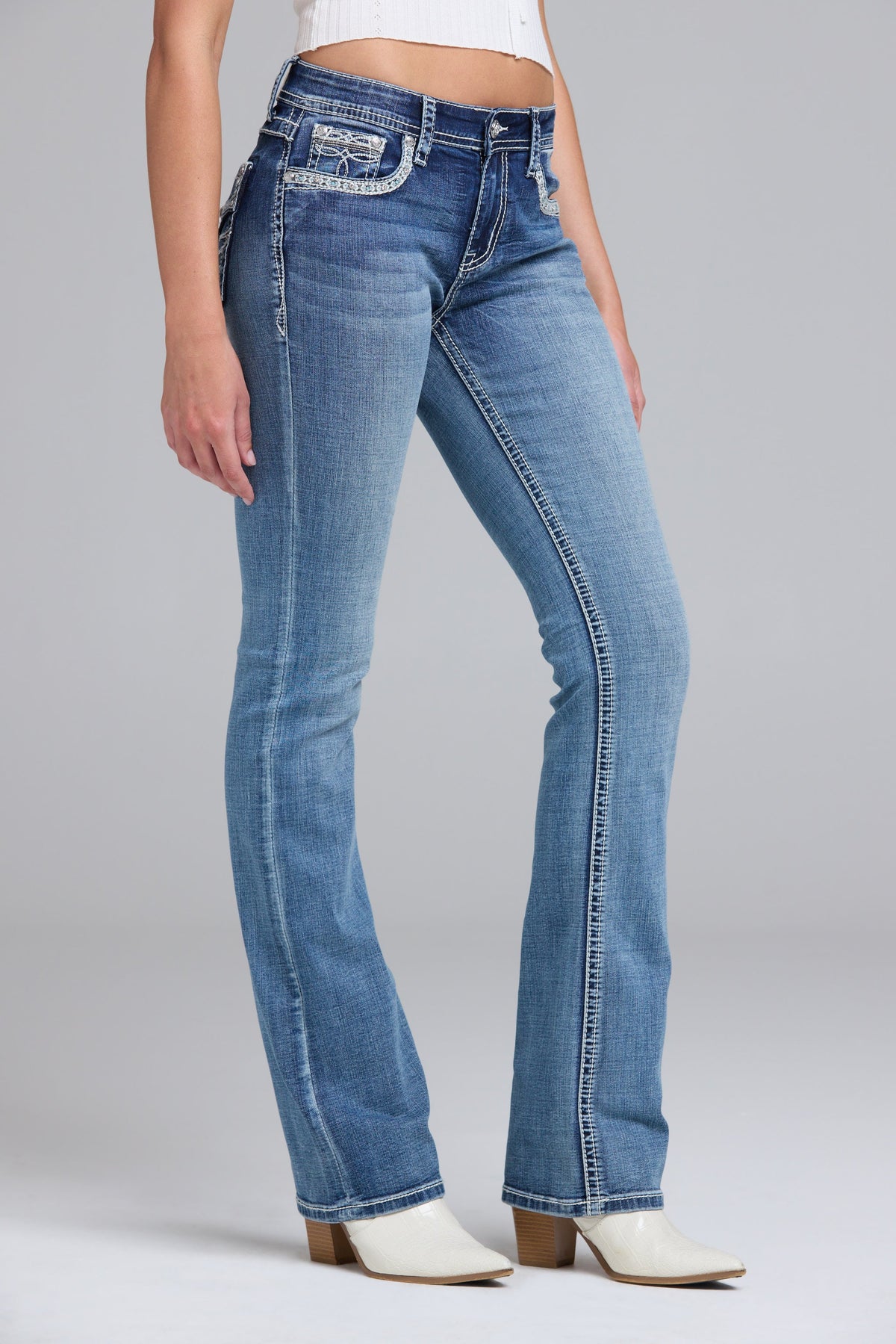Product view 3 of blue bootcut jeans with western stitching