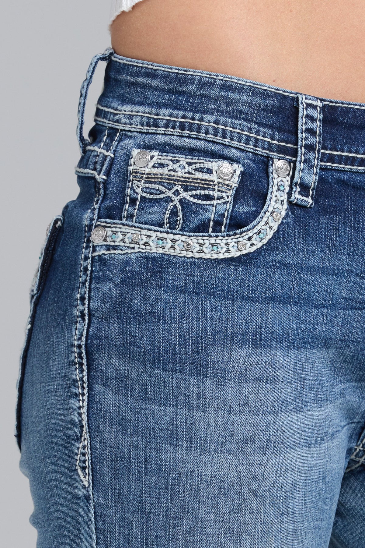 Western Embroidery Faux Flap Bootcut Jeans