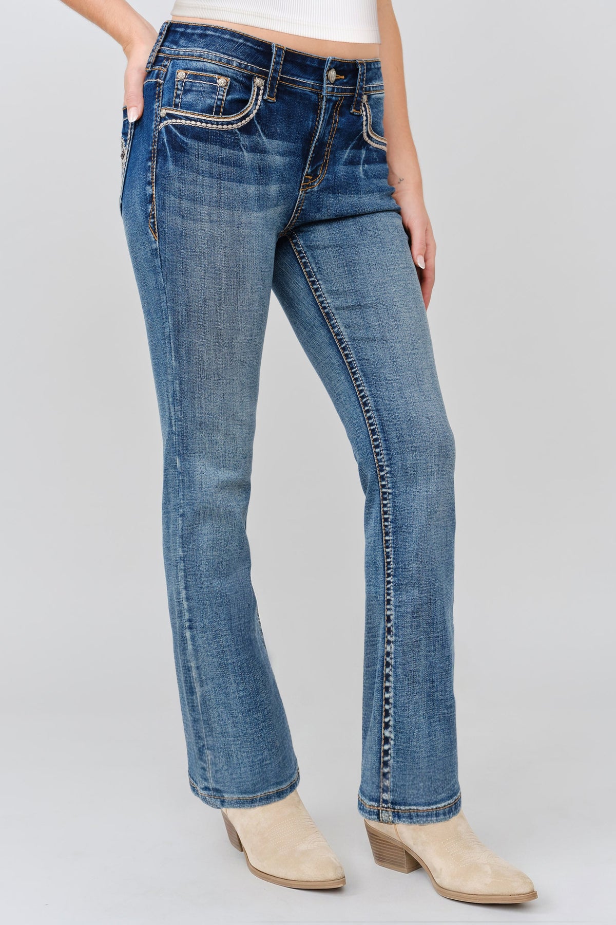 Brown Cross Embroidered Bootcut Jeans
