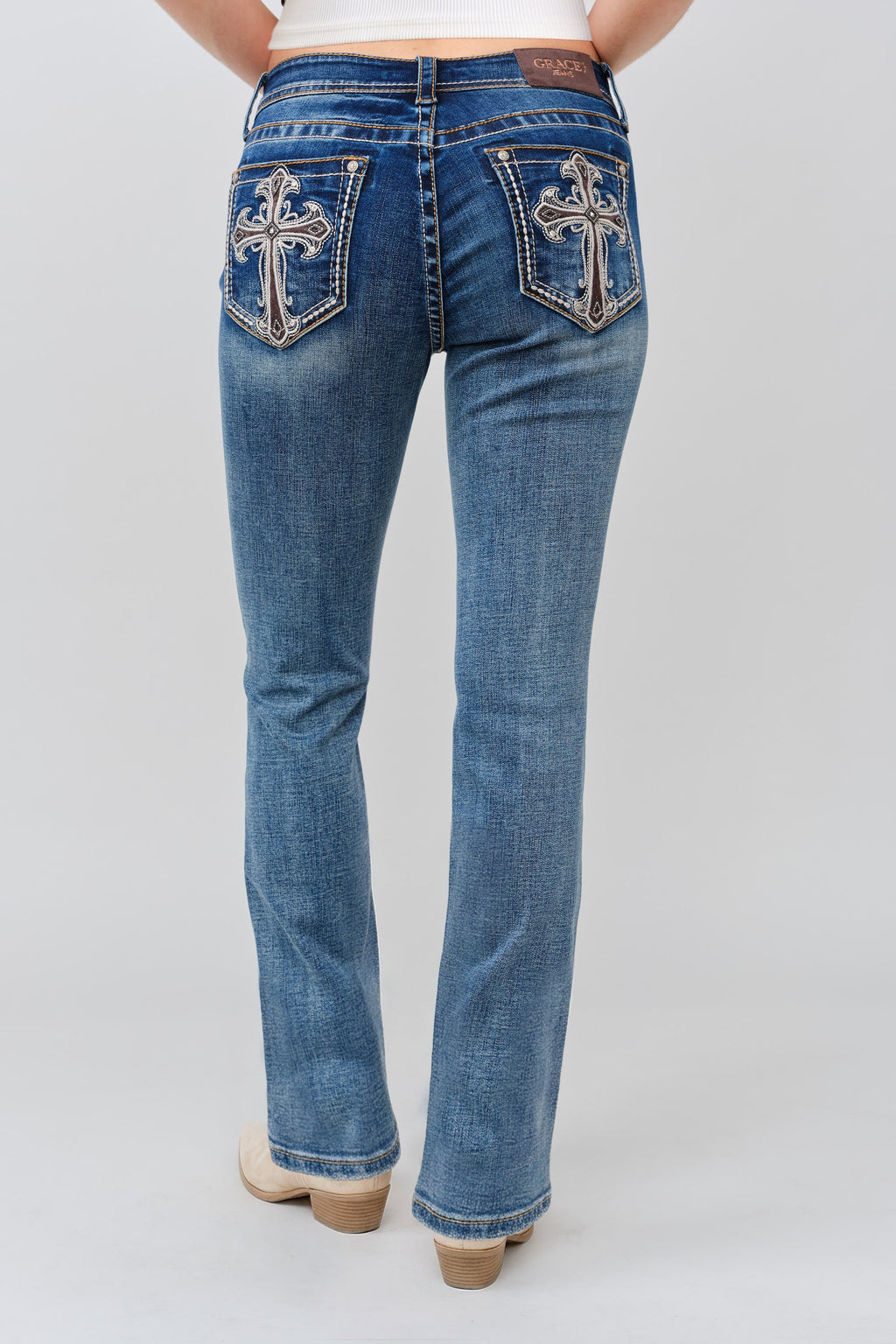 Product view 4 of brown bootcut jeans with brown cross detail