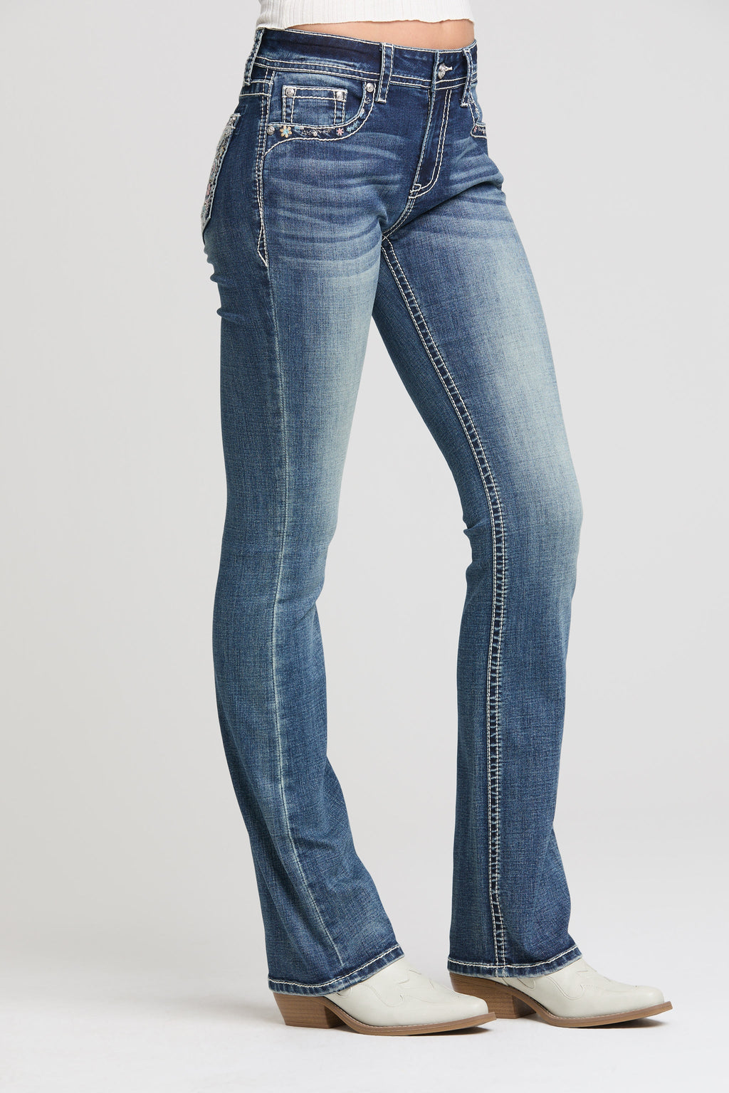 Product view 3 of blue bootcut jeans with paisley border