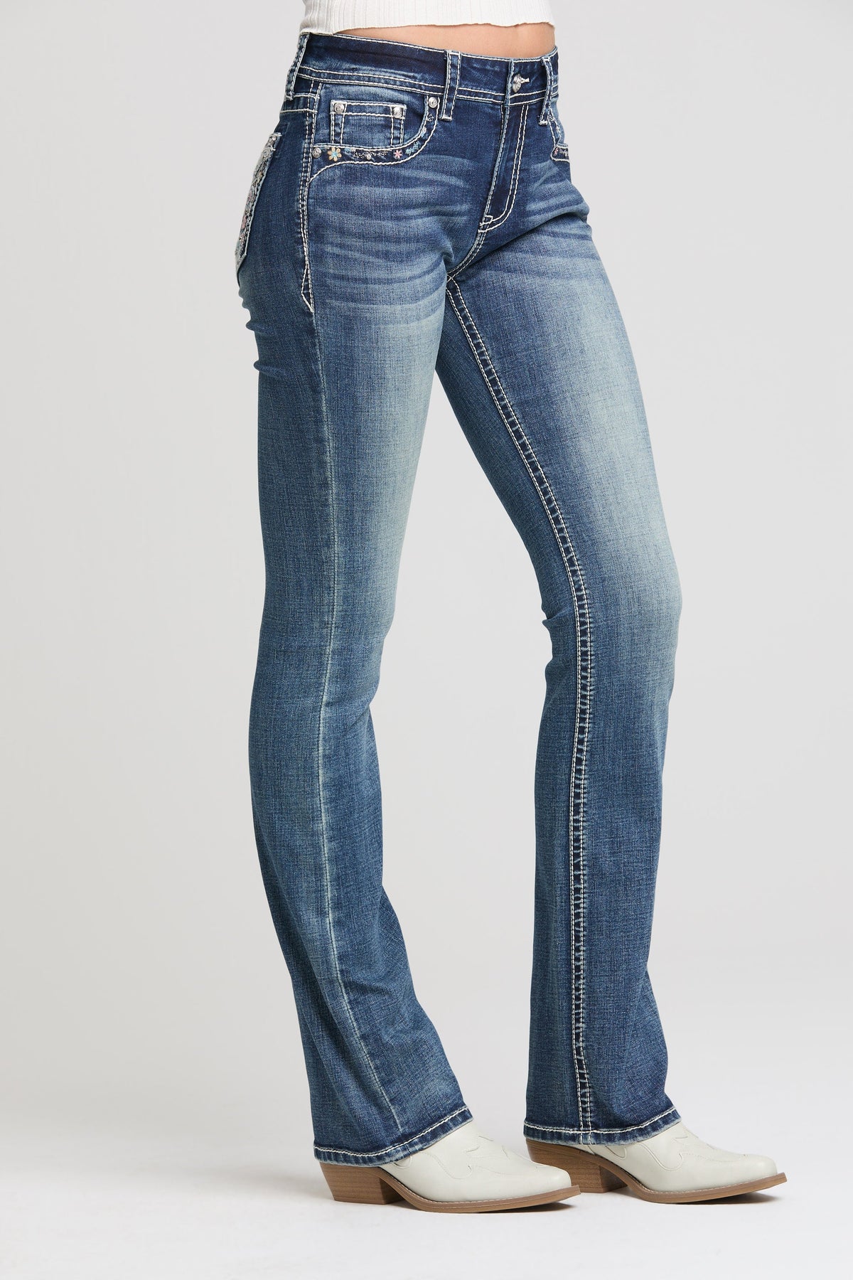 Product view 3 of blue bootcut jeans with paisley border