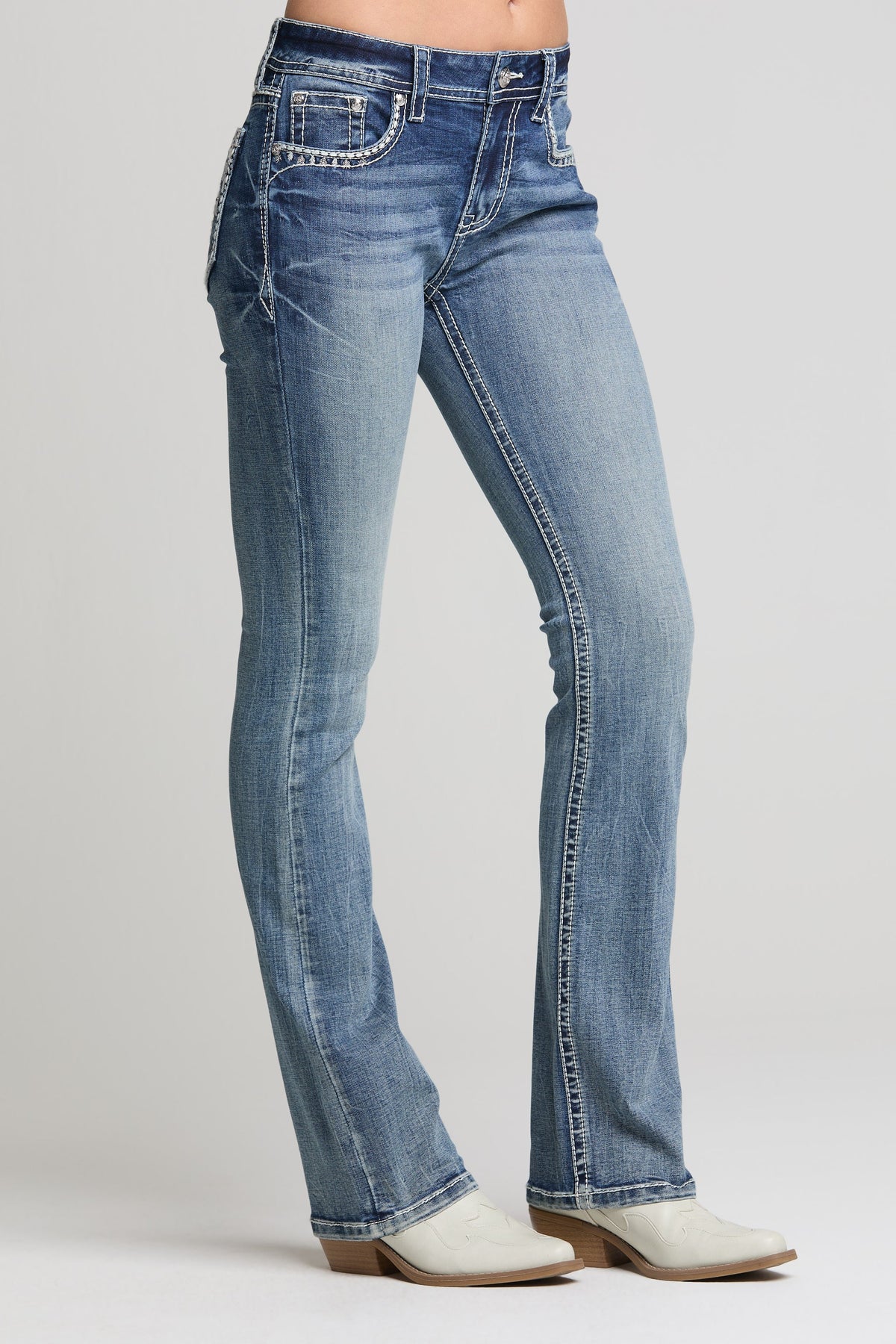 Product view 4 of blue bootcut jeans with dream catcher detail
