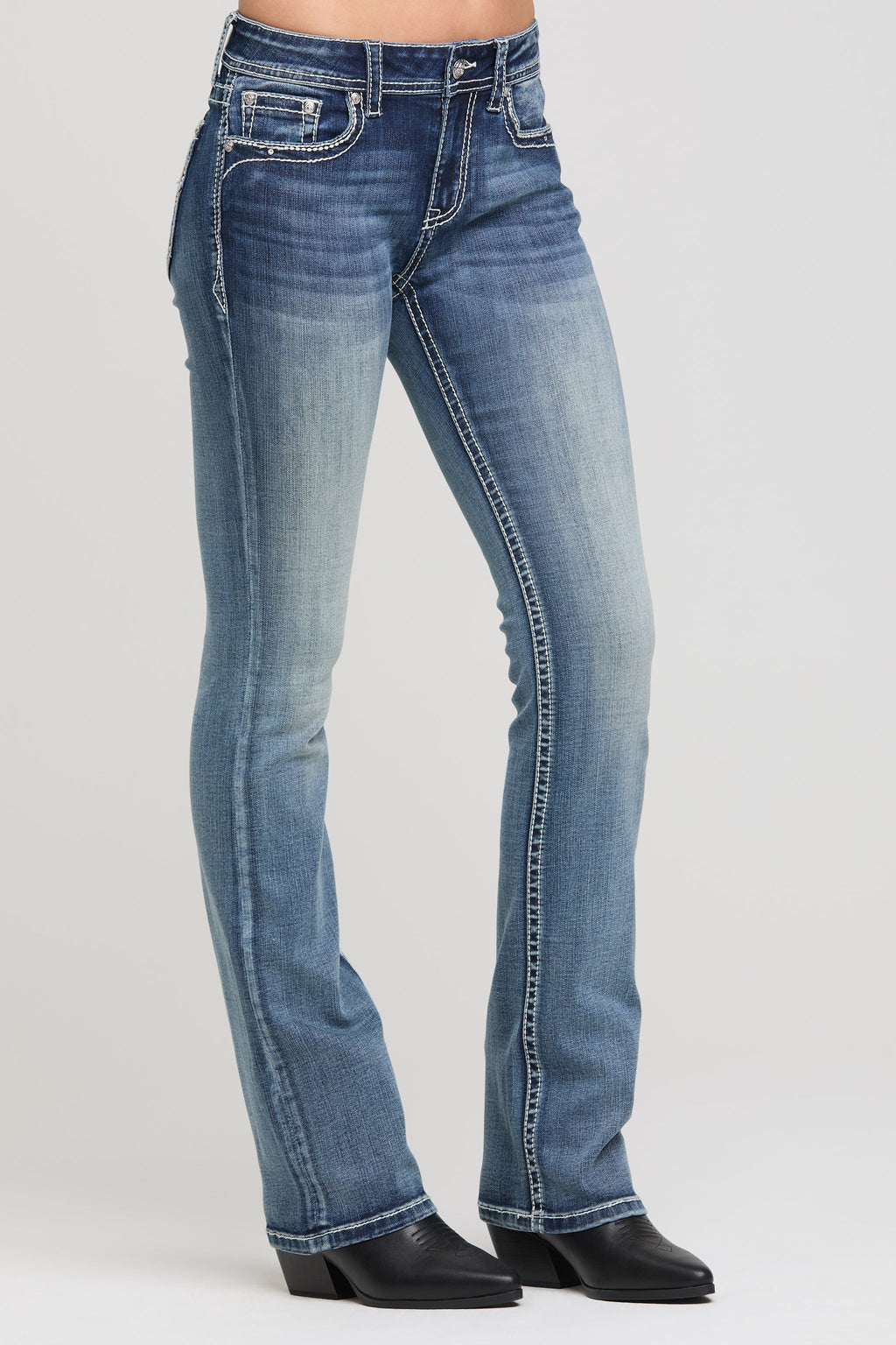 Product view 4 of blue bootcut jeans with cross applique