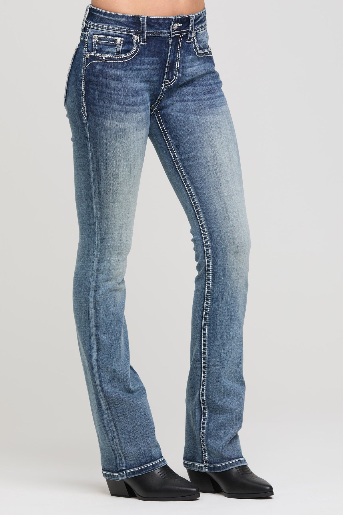 Product view 4 of blue bootcut jeans with cross applique