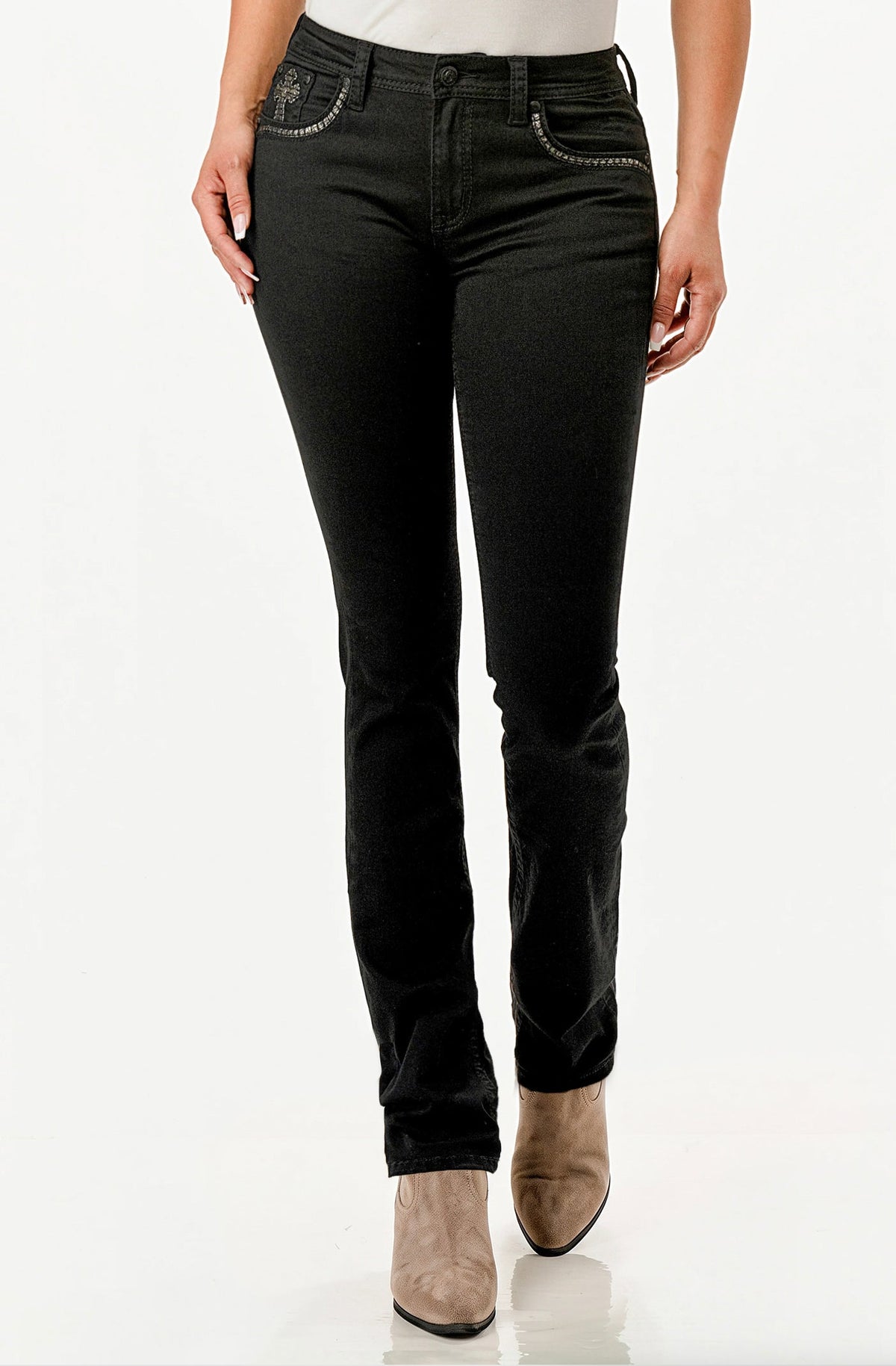 Cross Embroidery Black Bootcut Jeans