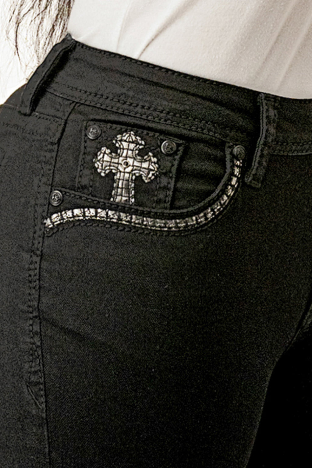 Product view 3 of black bootcut jeans with cross detail