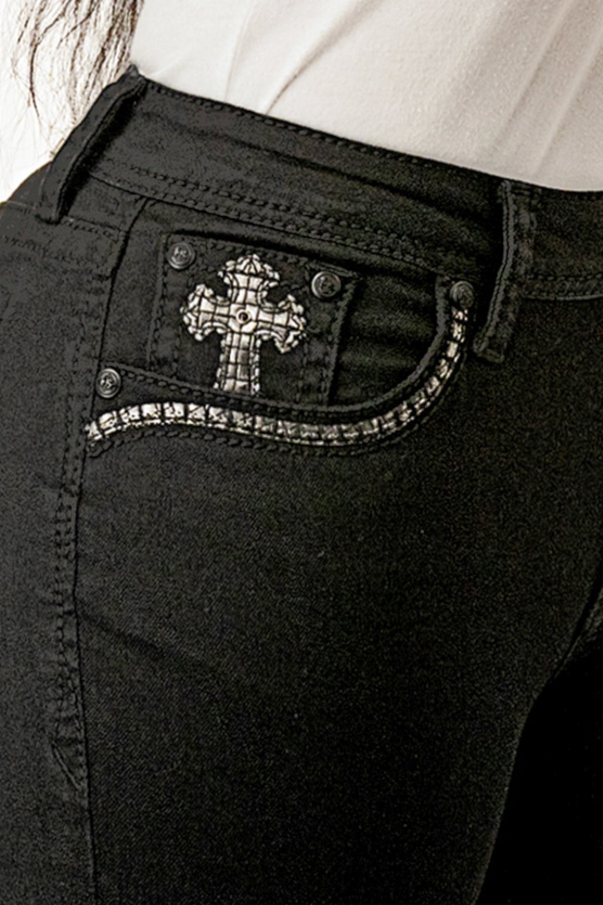 Product view 3 of black bootcut jeans with cross detail
