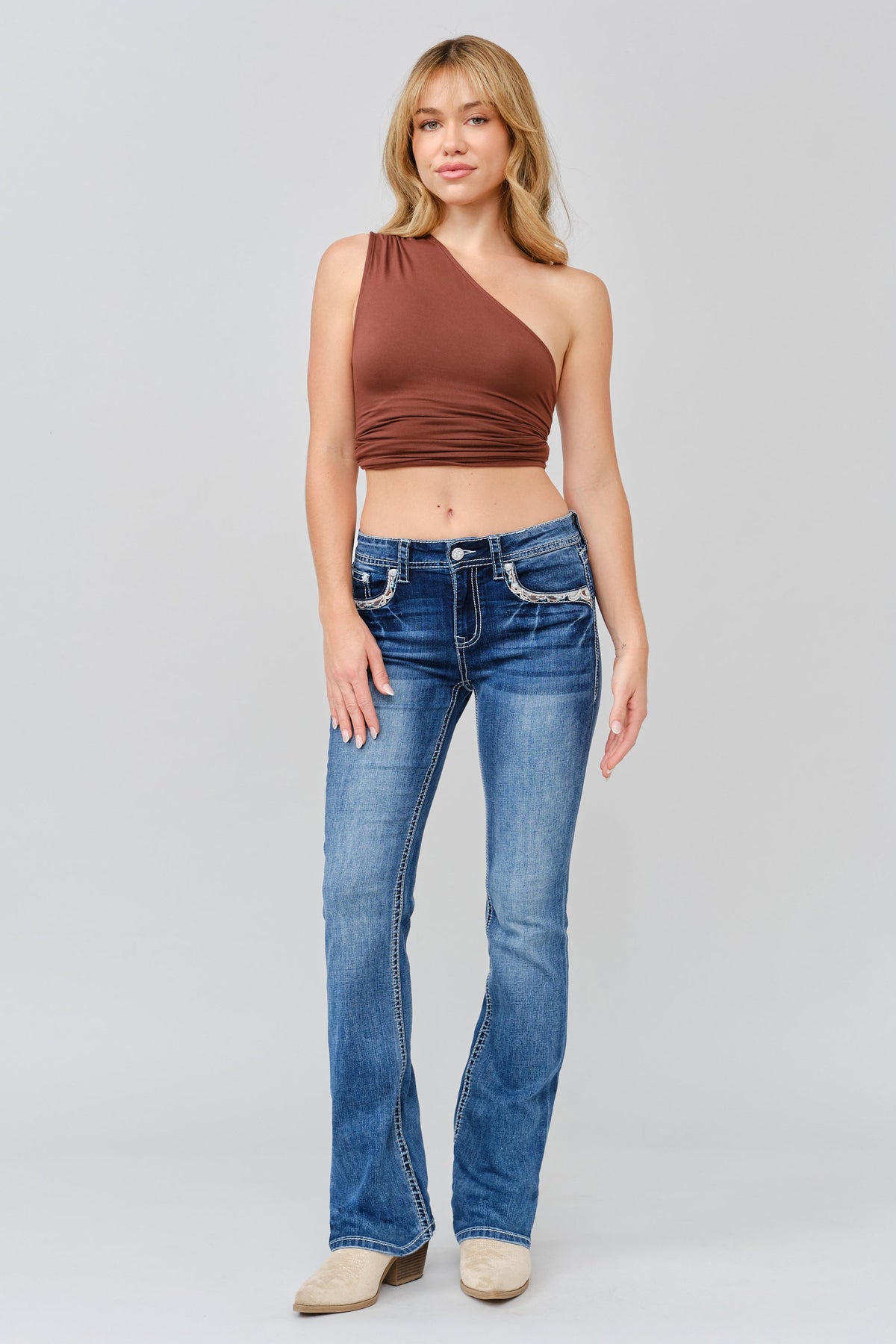 Product view 3 of blue bootcut jeans with ornate aztec detail