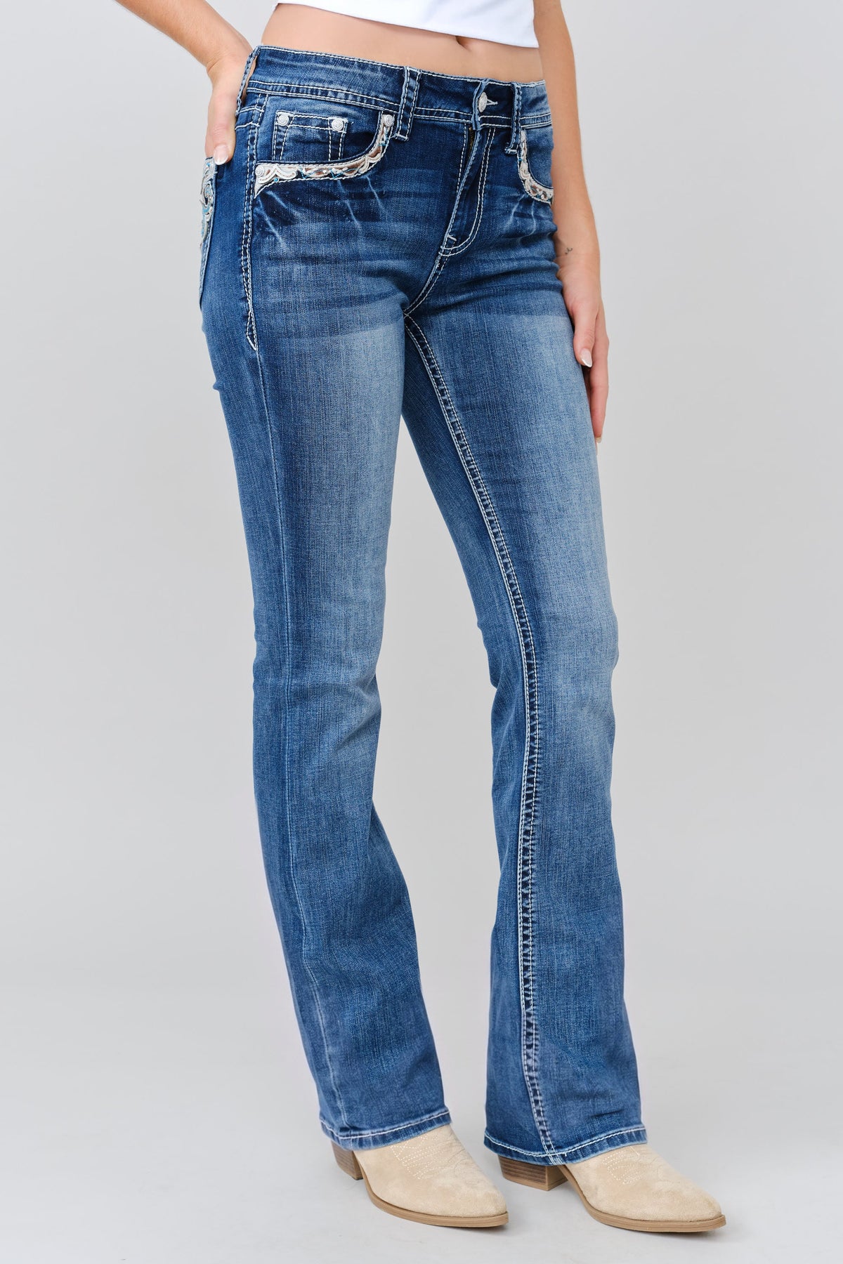 Product view 4 of blue bootcut jeans with ornate aztec detail