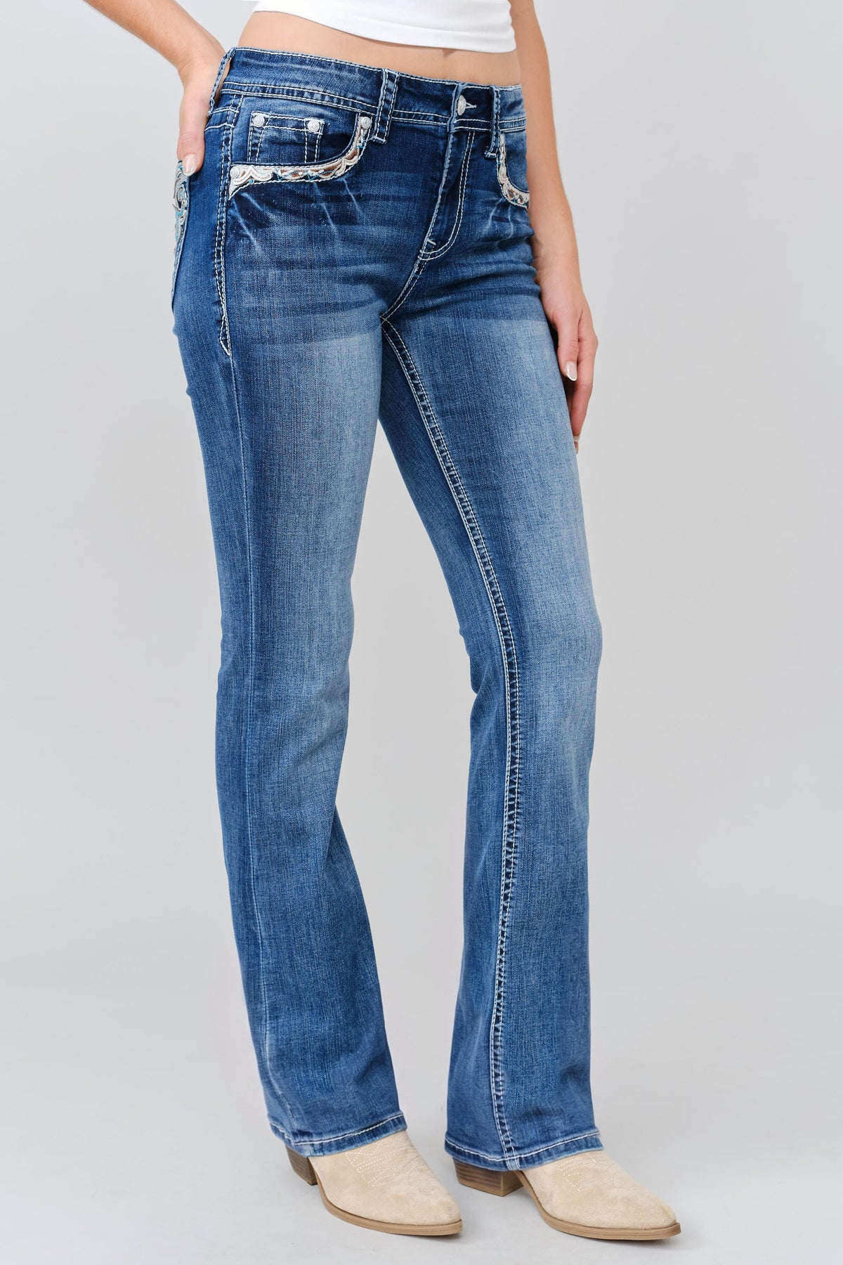 Aztec Embroidery Bootcut Jeans