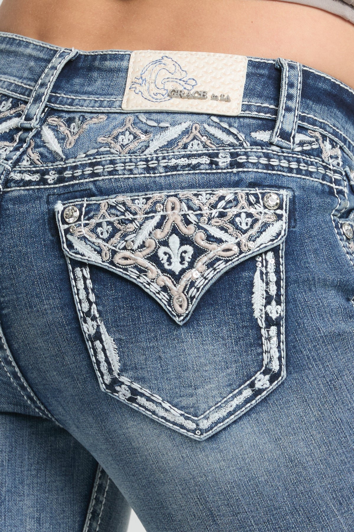 Product view 2 of blue bootcut jeans with aztec yoke detail