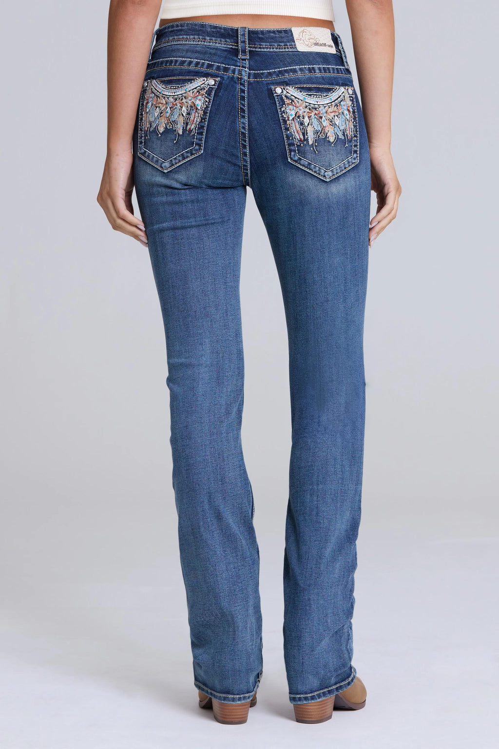 Feather Embroidered Bootcut Jeans
