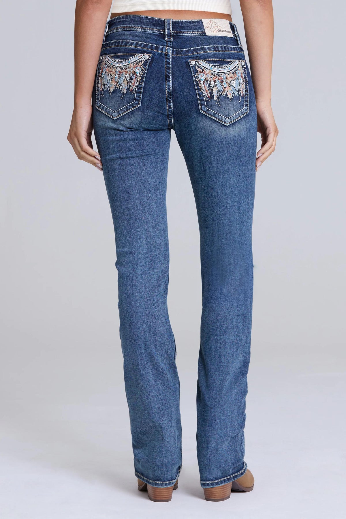Feather Embroidered Bootcut Jeans