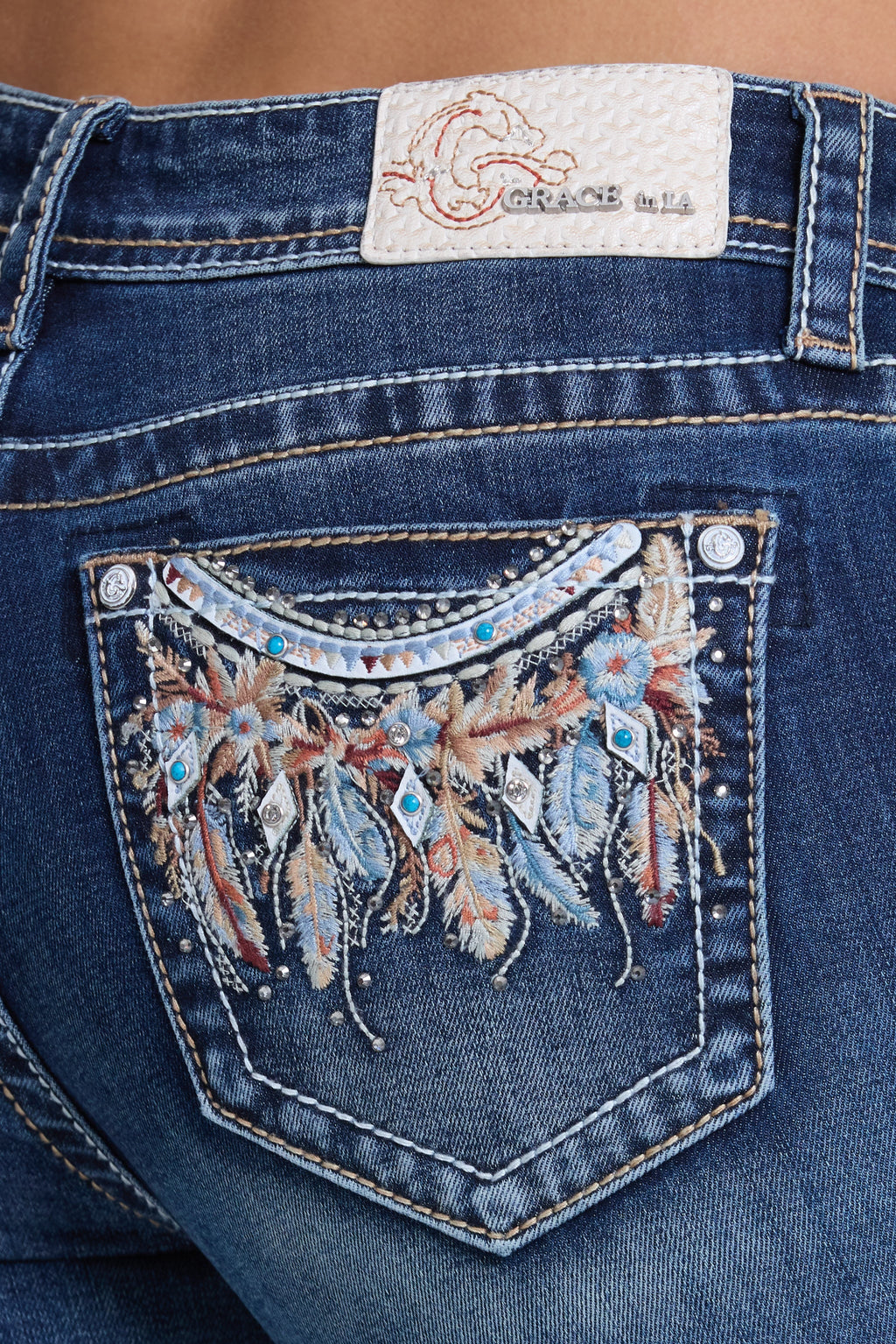 Product view 2 of blue bootcut jeans with feather detail