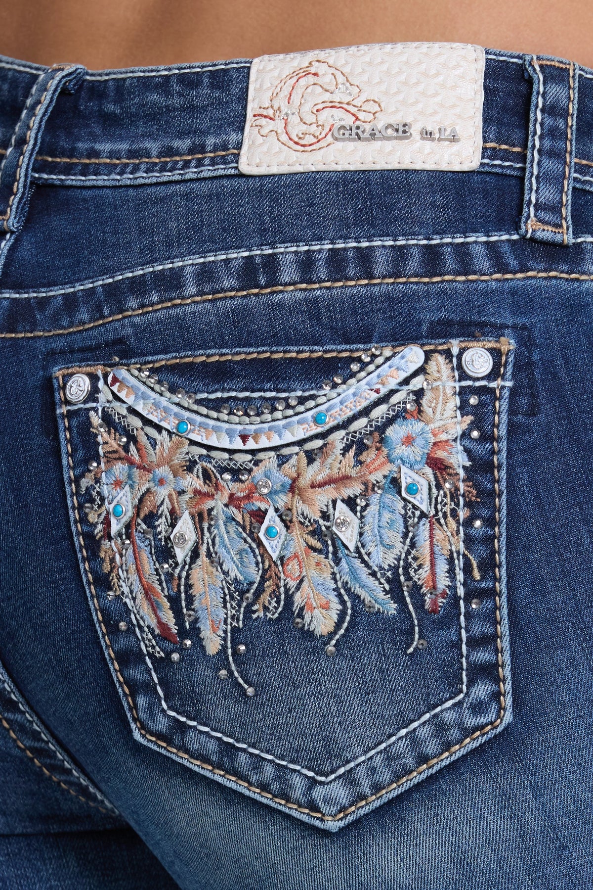 Product view 2 of blue bootcut jeans with feather detail