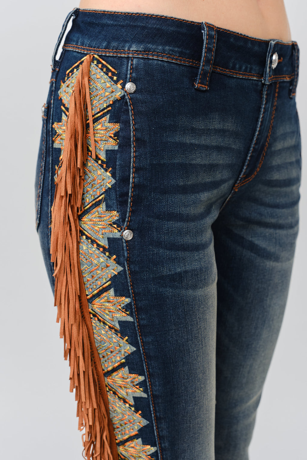 Product view 3 of blue bootcut jeans with aztec fringe