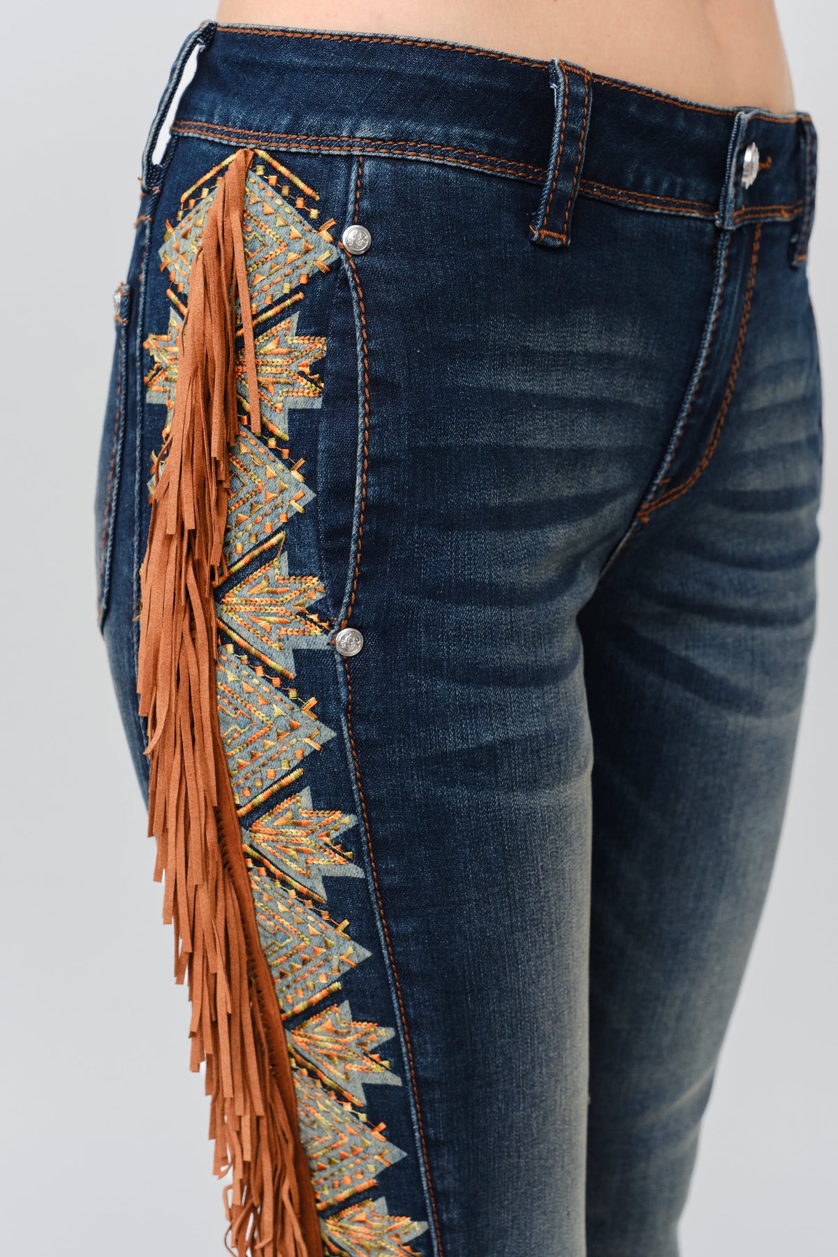Product view 3 of blue bootcut jeans with aztec fringe