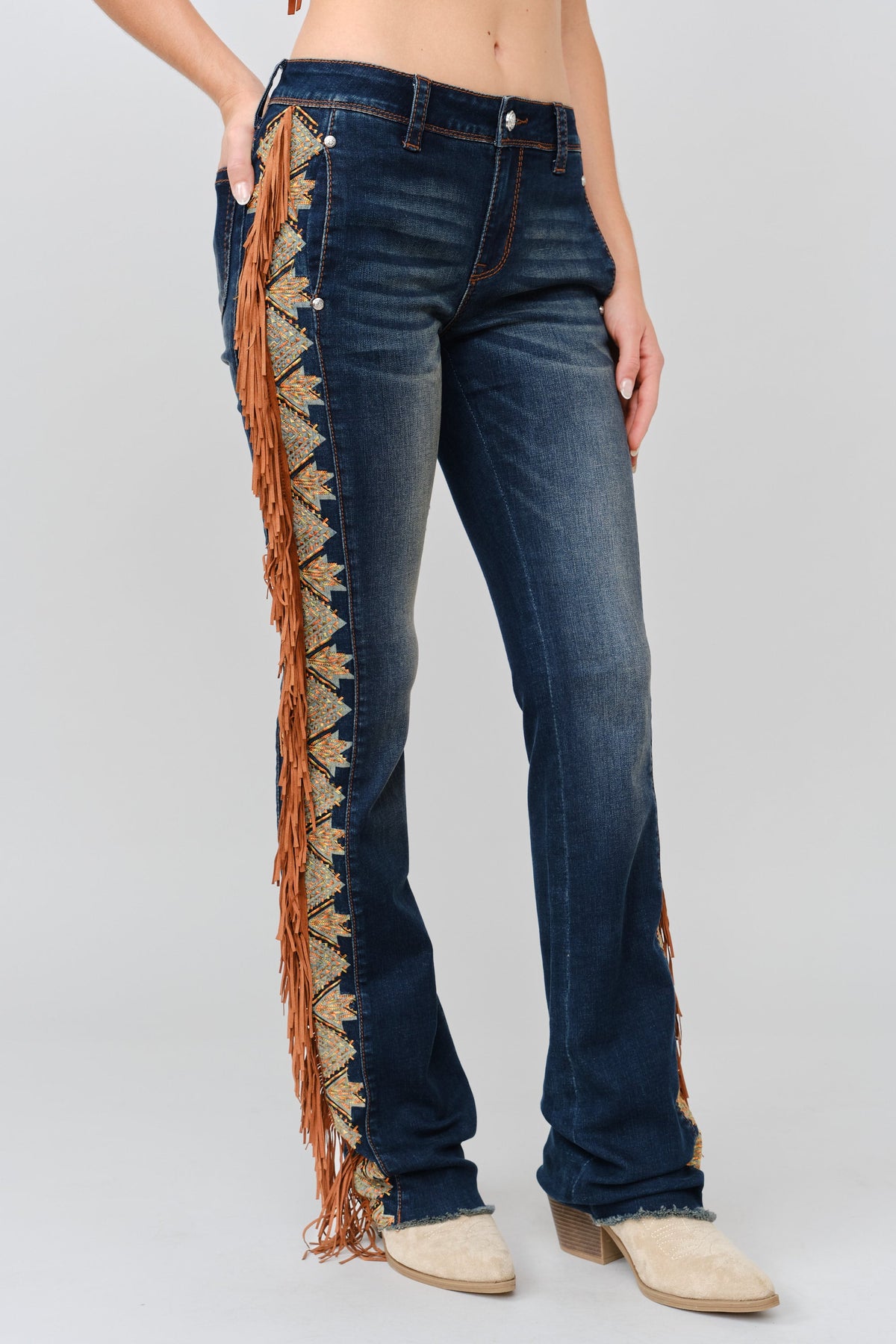 Product view 2 of blue bootcut jeans with aztec fringe