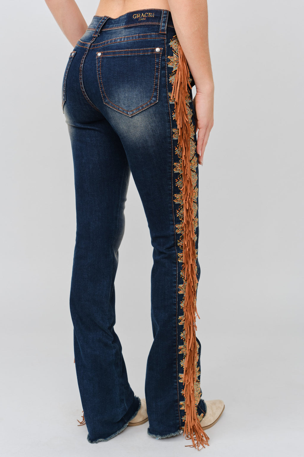 Product view 4 of blue bootcut jeans with aztec fringe
