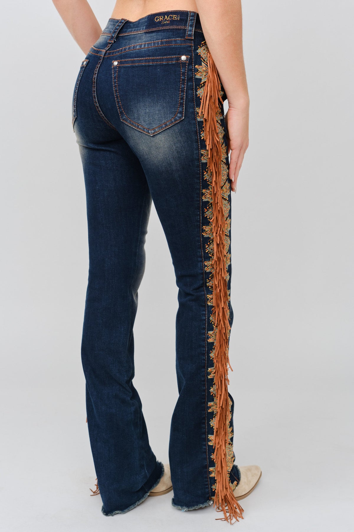 Product view 4 of blue bootcut jeans with aztec fringe