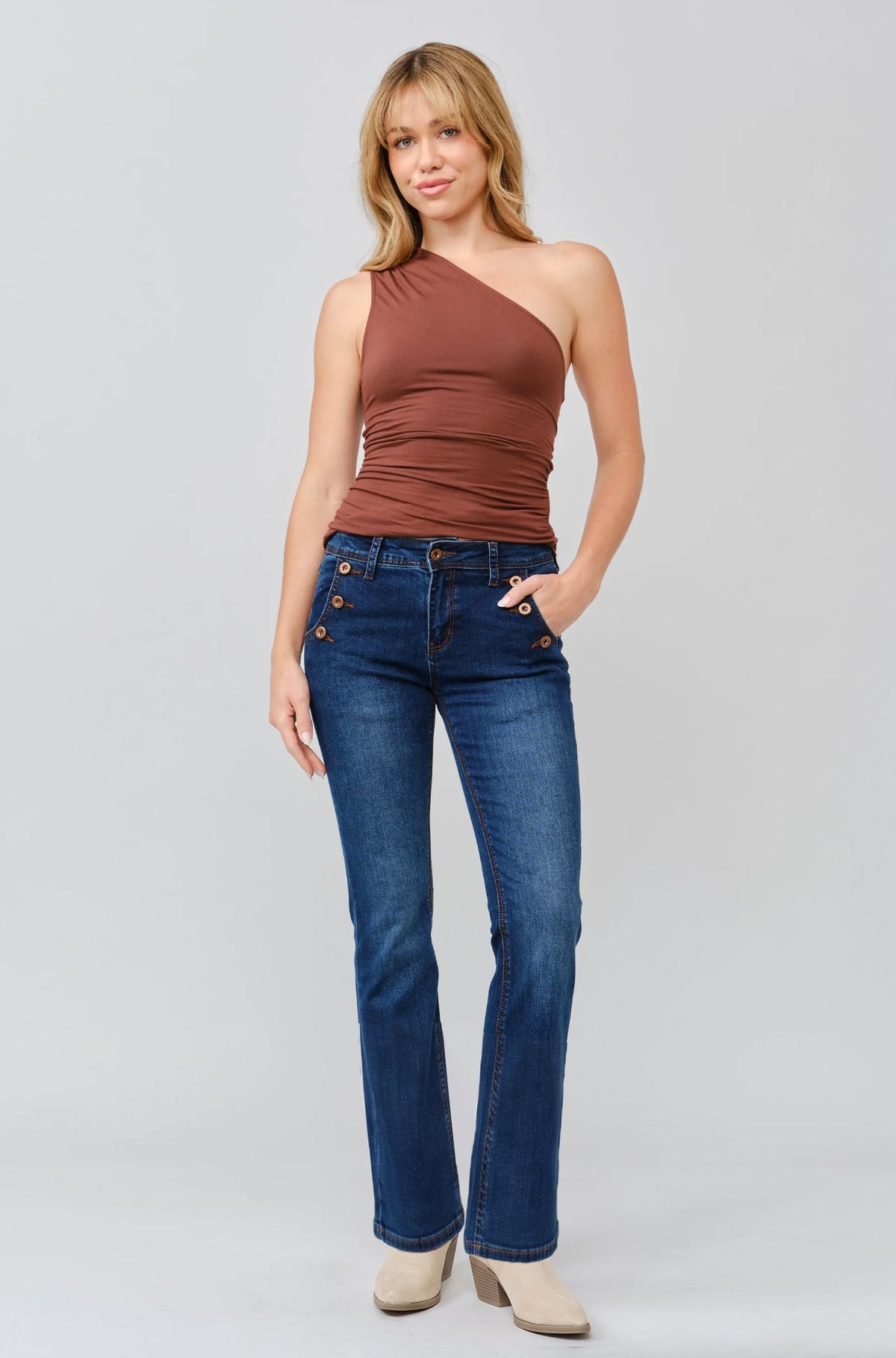 Product view 1 of blue bootcut jeans with buttons