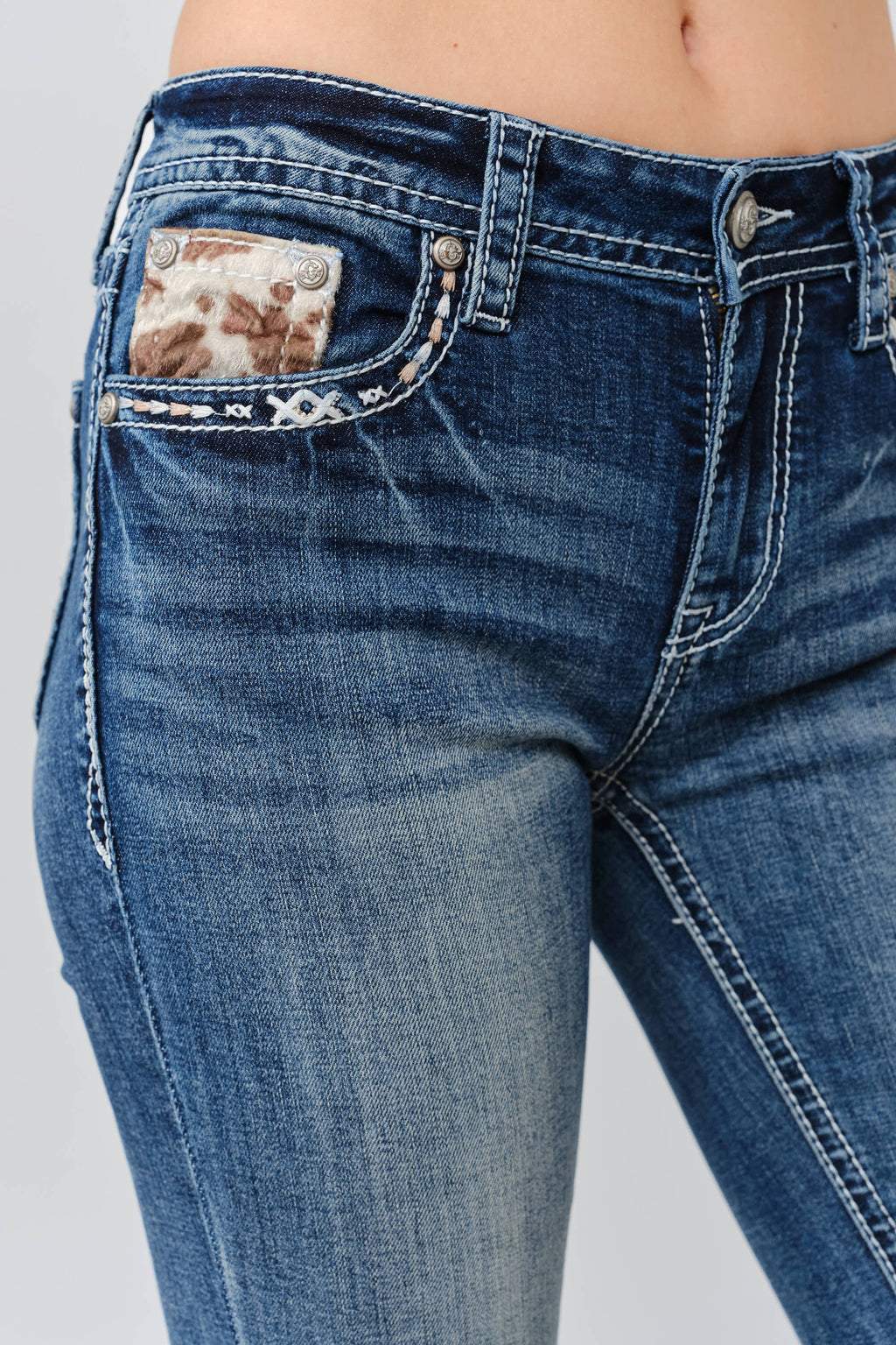 Product view 3 of blue bootcut jeans with steer detail