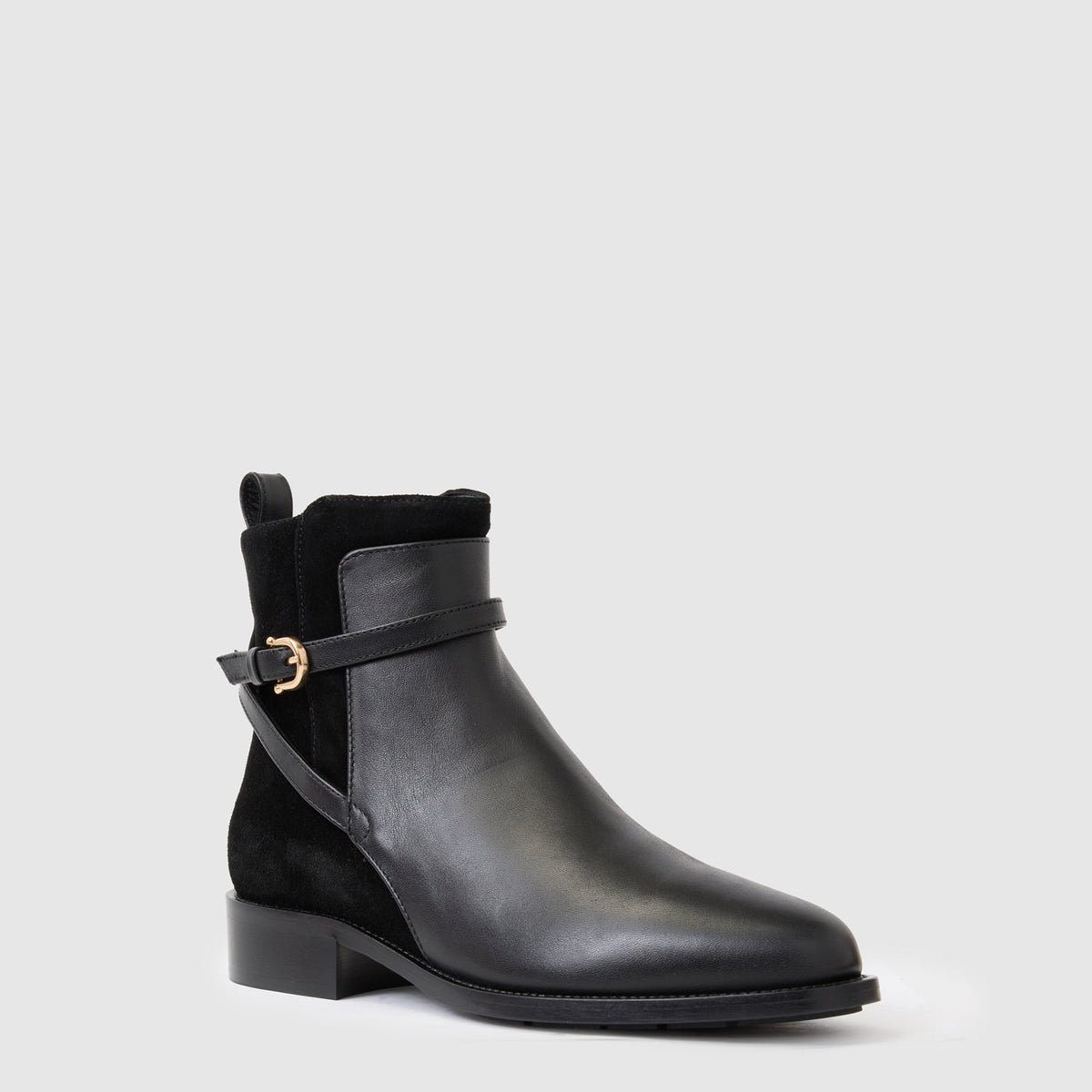 Nettie ankle boot in black leather with a criss-cross buckle, alternate view